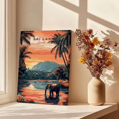 Sri Lanka Elephant Art - South Asia Travel Print, Wildlife Wall Decor featuring an elephant in the water at sunset.