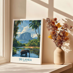 Sri Lanka Tropical Scene Wall Art - Elephant Print, Island Paradise Decor featuring an elephant near a scenic landscape.