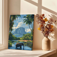 Sri Lanka Wildlife Poster - South Asia Landscape Art, Elephant Mountain View featuring an elephant in a lush landscape.