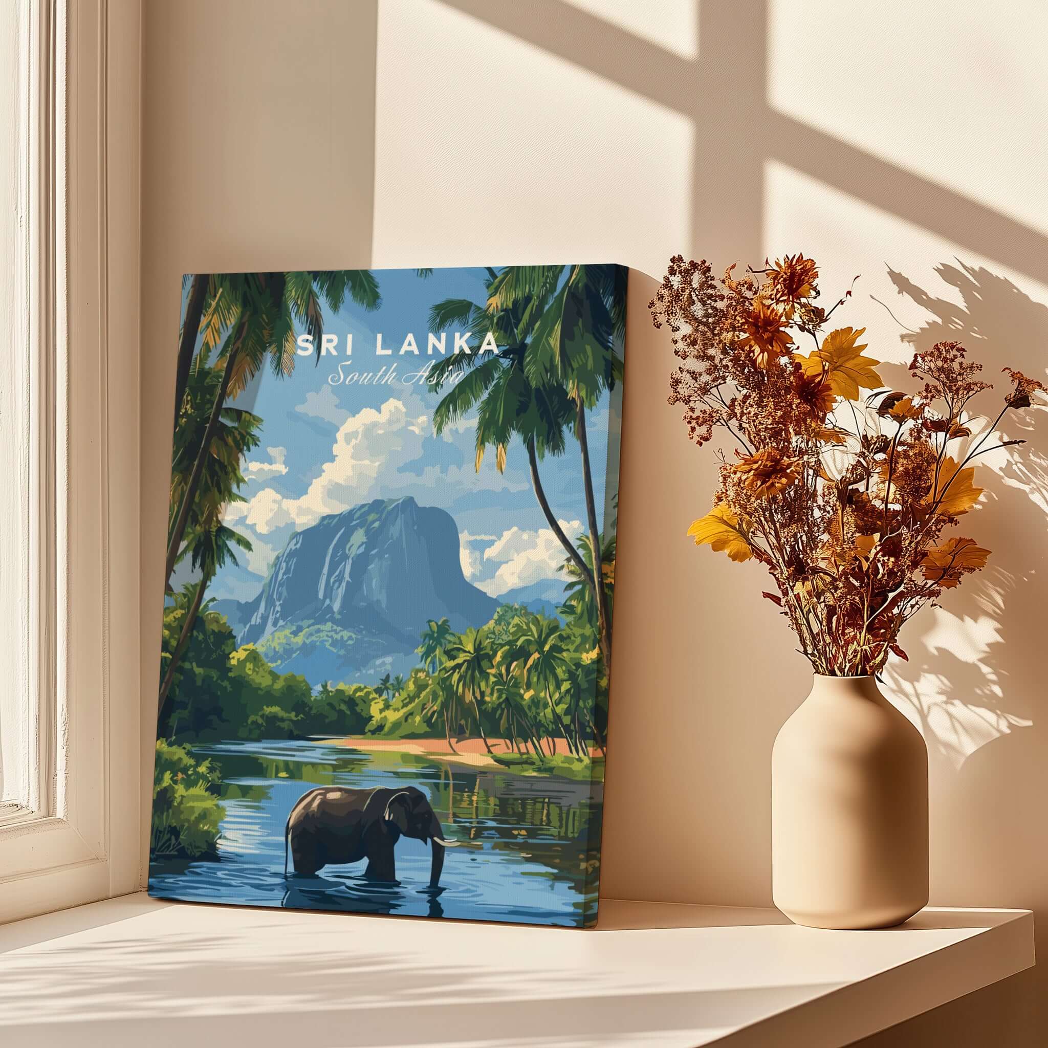 Sri Lanka Wildlife Poster - South Asia Landscape Art, Elephant Mountain View featuring an elephant in a lush landscape.