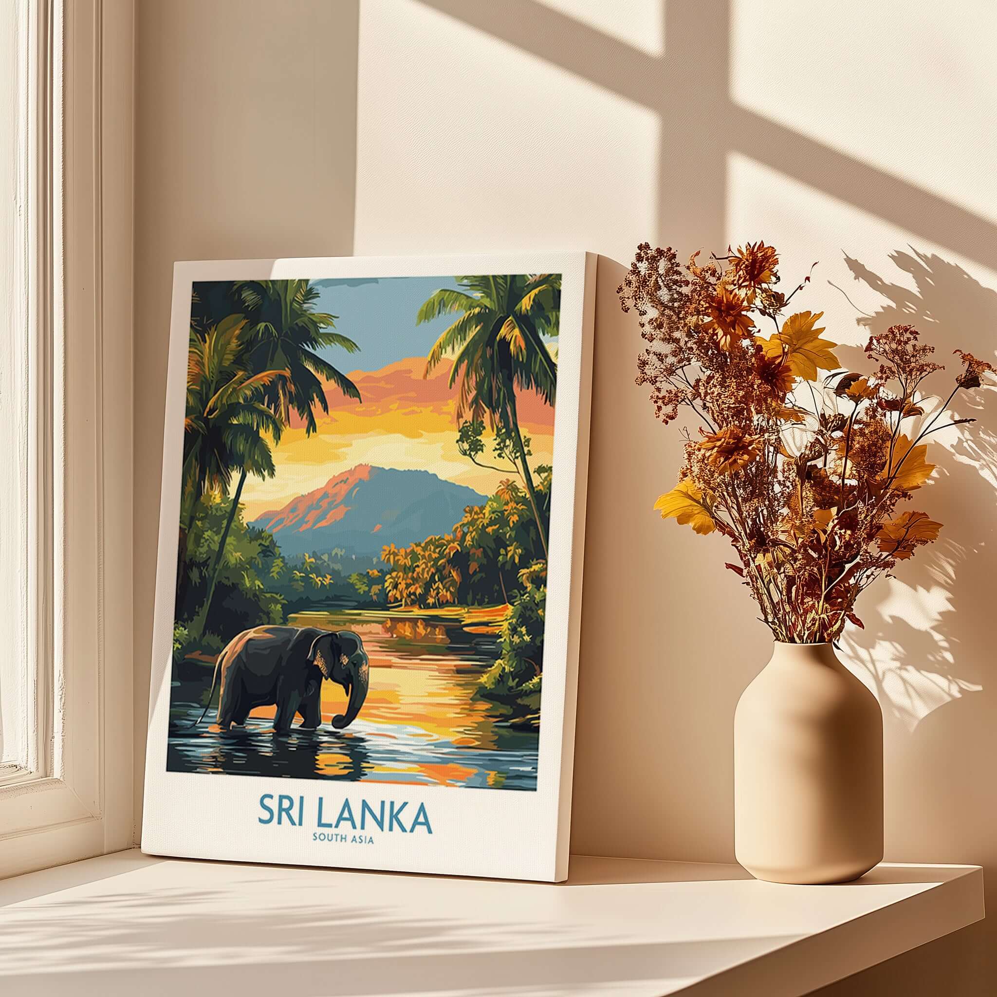 Sri Lanka Travel Art Print - Elephant Swimming Wall Art, Tropical Adventure Scene in a bright setting.