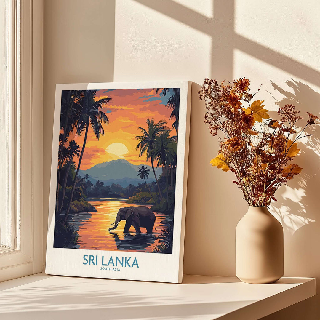Sri Lanka Poster with Elephant in tropical setting at Sunset - Travel Print showcasing vibrant sunset and lush scenery.