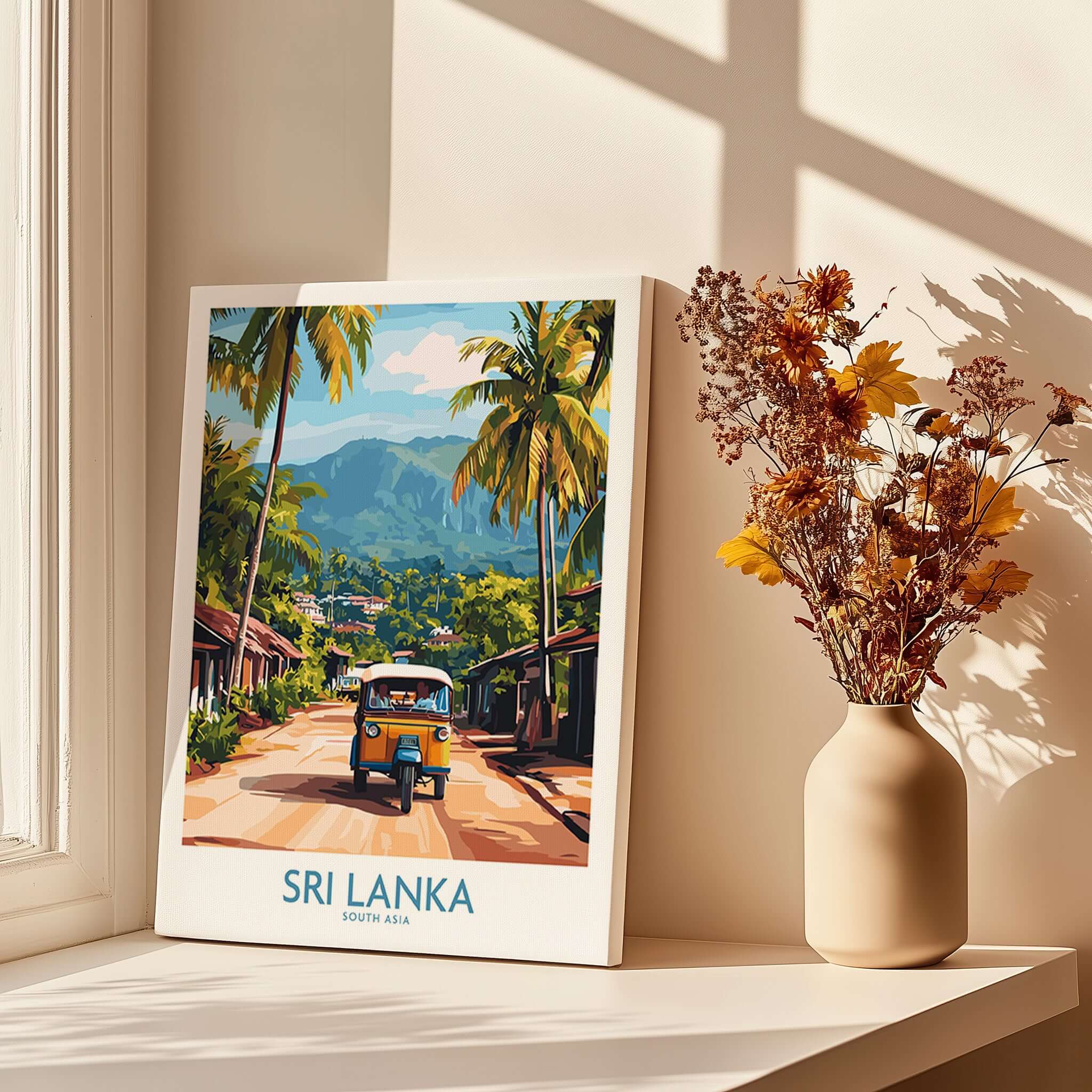 Sri Lanka Wall Art featuring a Tuk-Tuk in a tropical street scene with palm trees and mountains.