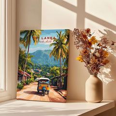 Sri Lanka Tuk-Tuk Art Print - South Asia Travel Poster, Island Street Scene featuring vibrant colors and a tropical landscape.