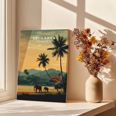 Sri Lanka Wall Art Print | Sunset Elephant Landscape Travel Poster showcasing elephants in a lush, vibrant setting.