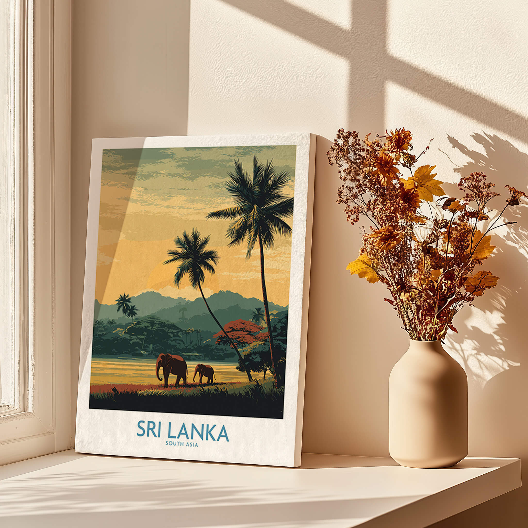 Sri Lanka Poster | Tropical Palm Tree & Elephant Canvas Print showcasing elephants and tropical palms in a vibrant landscape.