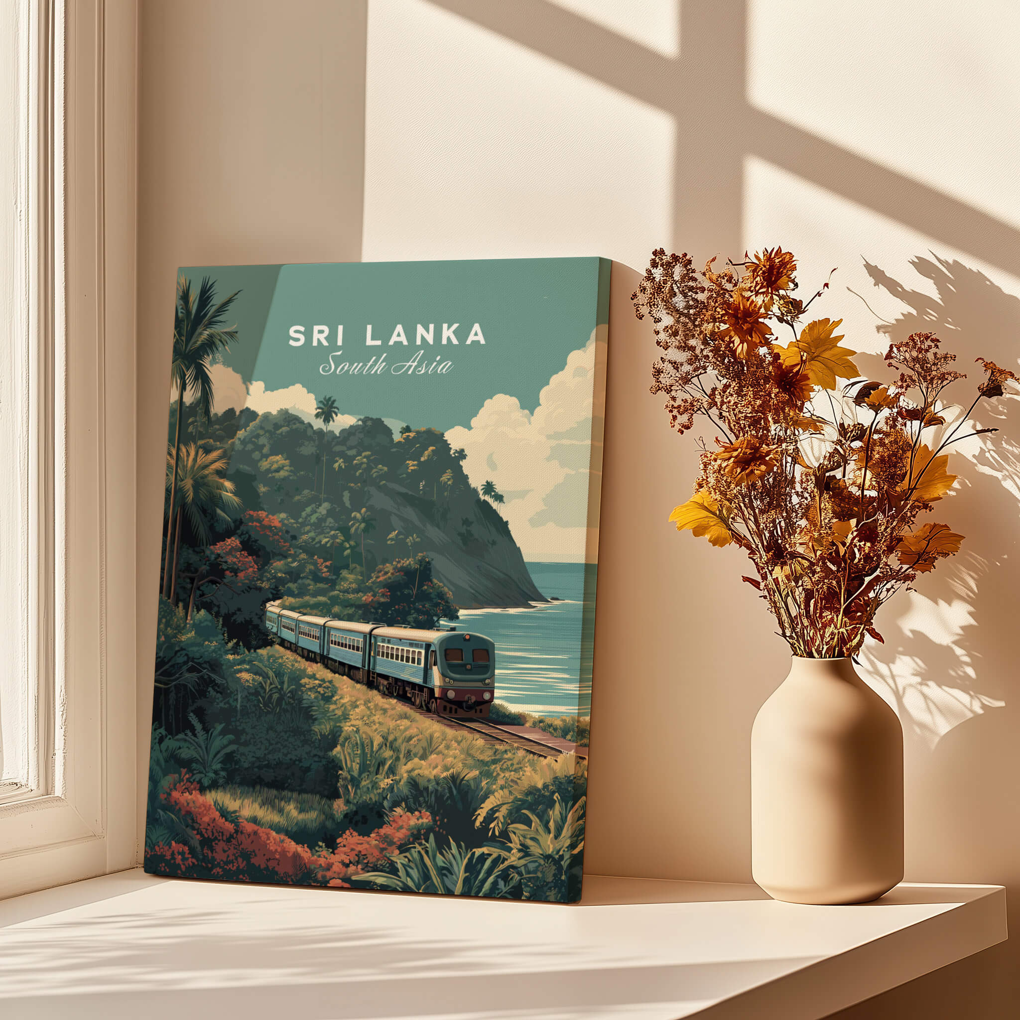 Sri Lanka Wall Art Print | Train Travel Poster featuring a scenic train journey along the coast.