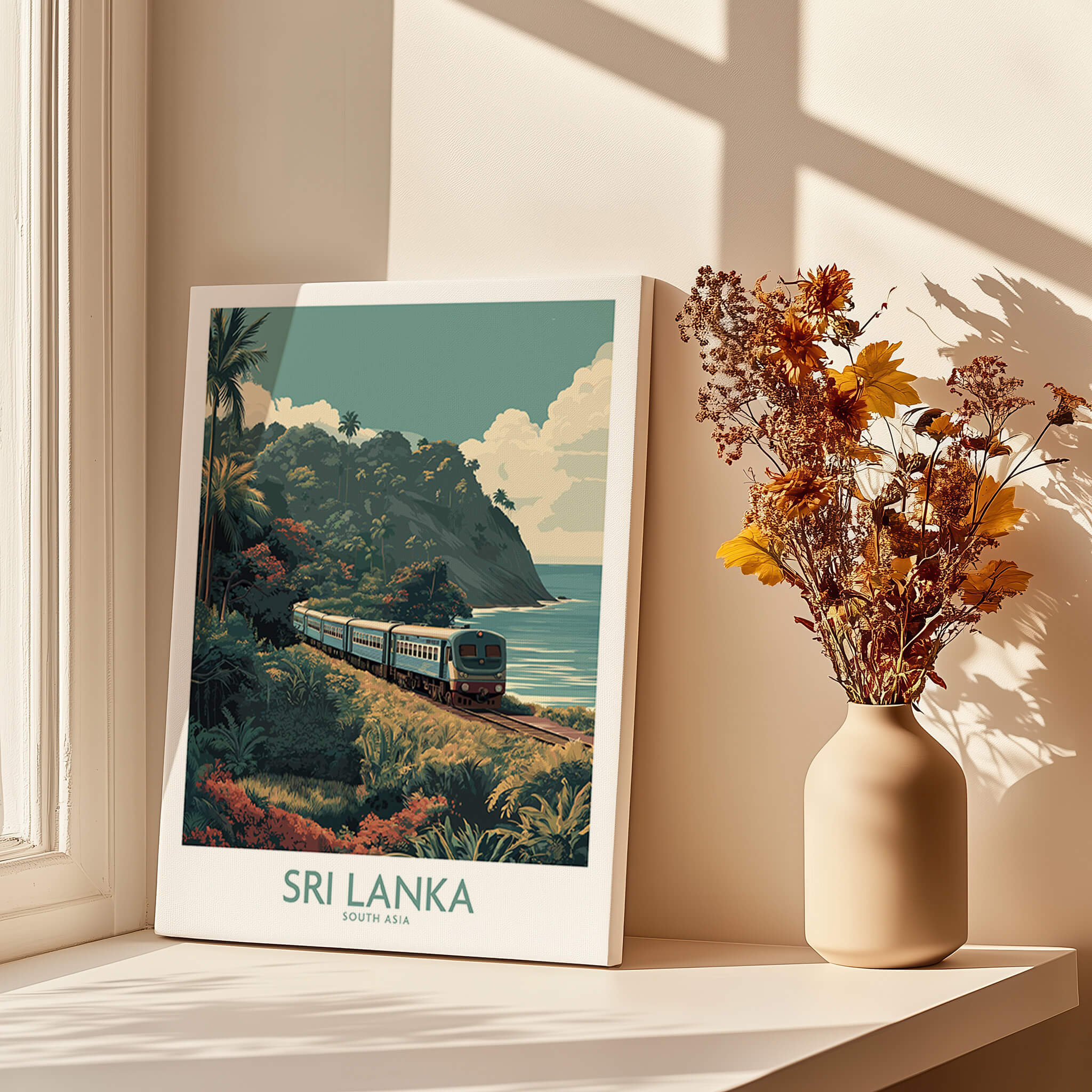 Sri Lanka Poster | Tropical Railway Canvas Print showcasing a train along a coast with lush tropical scenery.
