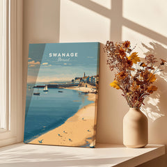 Swanage Dorset Travel Poster | English Coastal Town Wall Art Print showcased near a vase of dried flowers.