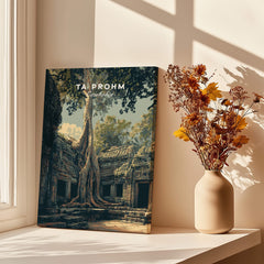 Ta Prohm Cambodia Travel Poster | Ancient Temple Jungle Ruins Wall Art Print displayed in a bright, cozy room.