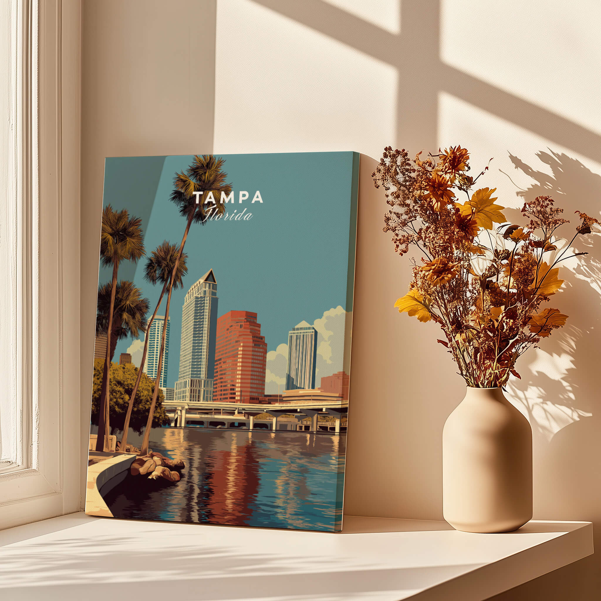 Tampa Florida Wall Art Print | Downtown City Skyline Travel Poster featuring waterfront view and modern architecture
