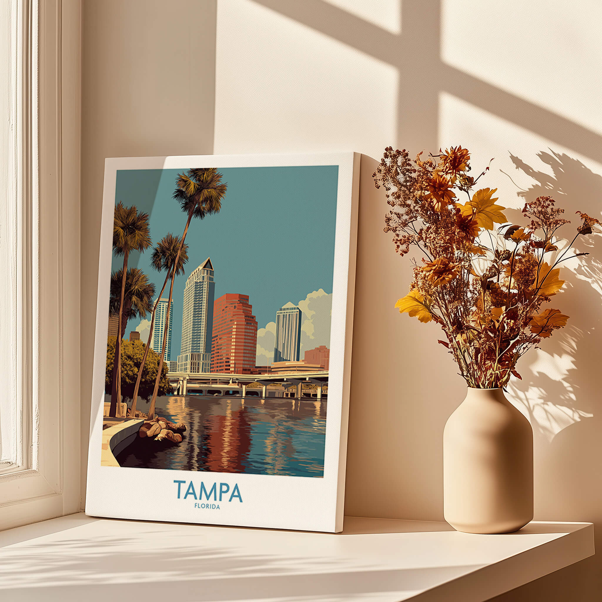 Tampa Florida Poster | Waterfront Sunset Cityscape Canvas Print displayed on a windowsill with flowers.