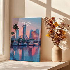 Tampa Florida Travel Poster | Marina Harbor & Skyline Wall Art Print displayed beside a vase with flowers.