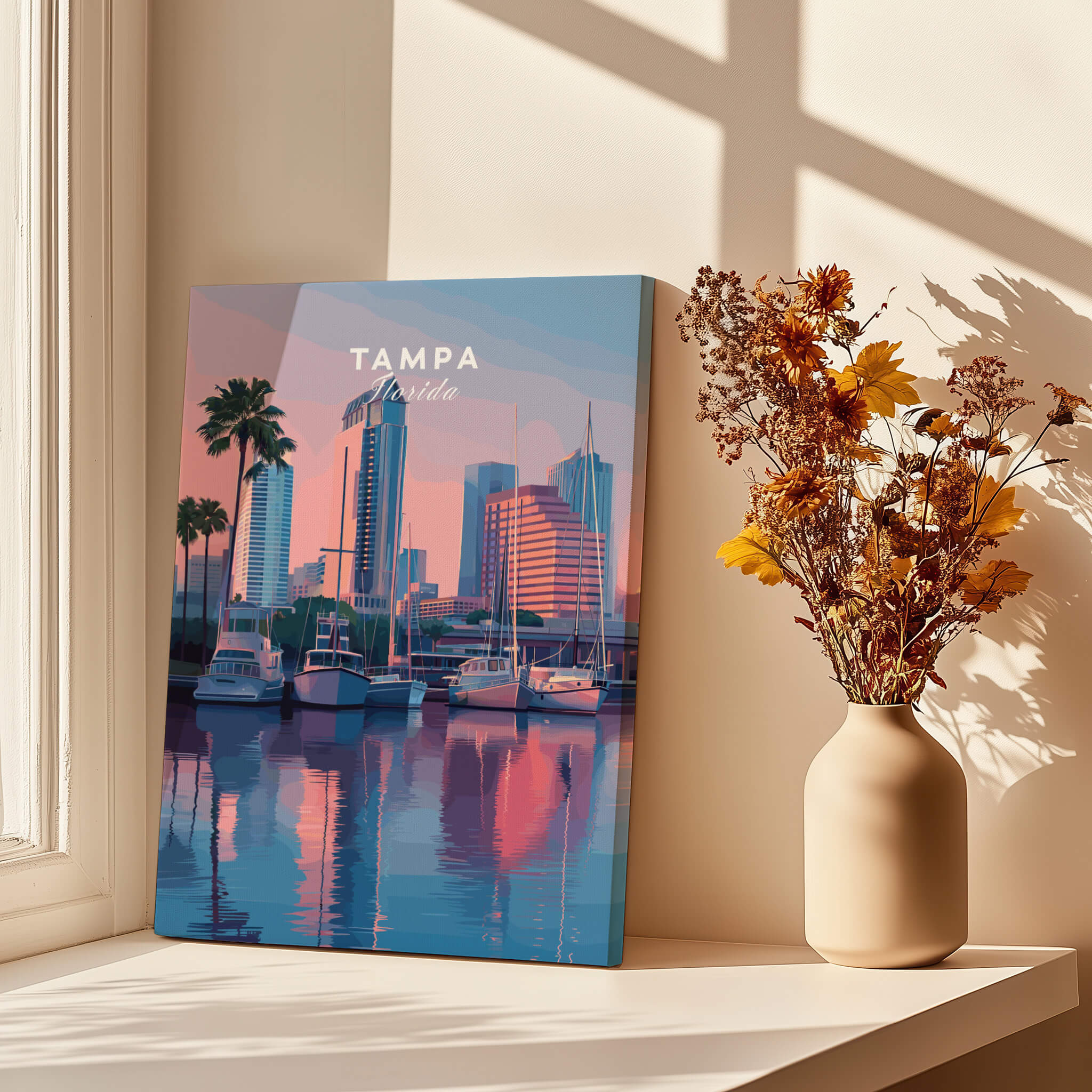 Tampa Florida Travel Poster | Marina Harbor & Skyline Wall Art Print displayed beside a vase with flowers.