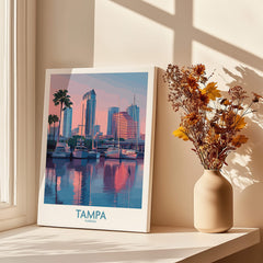Tampa Florida Canvas Print | Sunset Bay & Sailboat Landscape Poster - vibrant cityscape print with palm trees and boats.