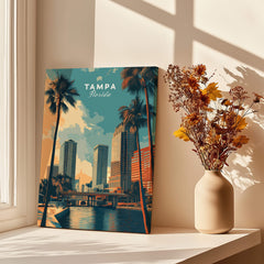 Tampa Florida Wall Art Print | Palm Trees & Modern Skyline Travel Poster displayed in a bright room next to a decorative vase.