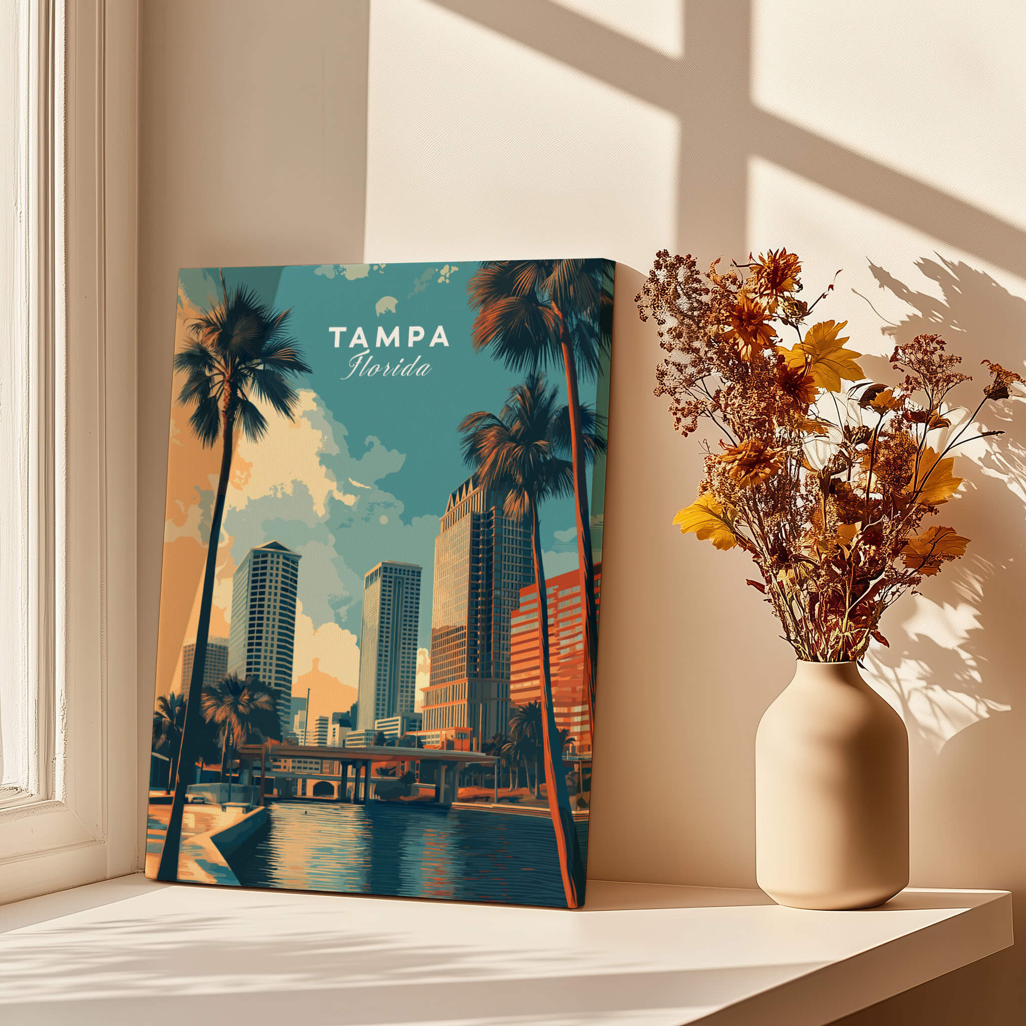 Tampa Florida Wall Art Print | Palm Trees & Modern Skyline Travel Poster displayed in a bright room next to a decorative vase.