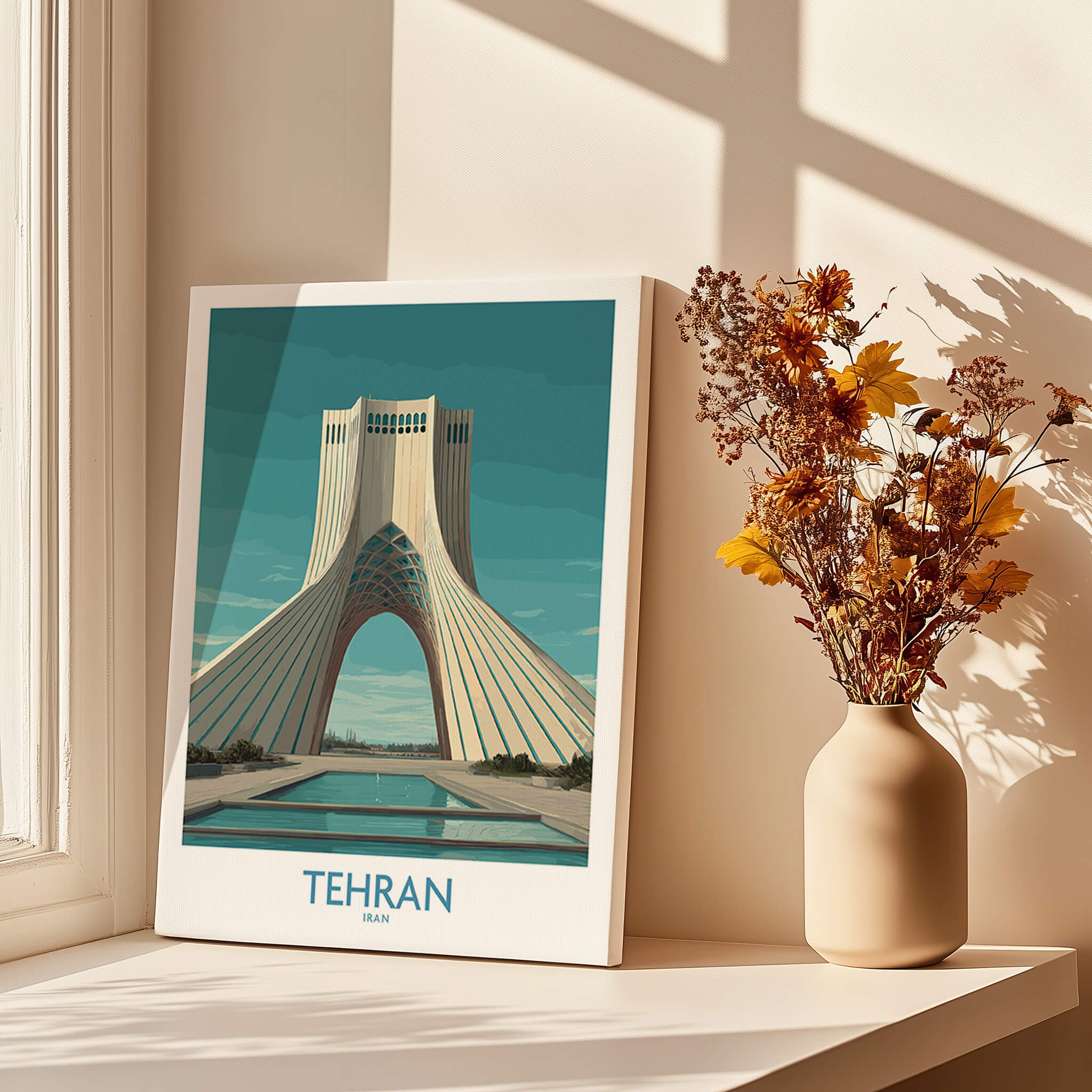 Tehran Poster Iran | Azadi Tower Sunset Architecture Canvas Print framed on a wall with a floral vase.