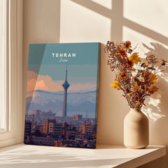 Tehran Iran Travel Poster | Alborz Mountains Skyline Wall Art Print showcased in a cozy interior setting with flowers.