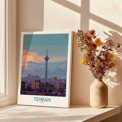 Tehran Iran Canvas Print | Evening City Landscape Poster featuring city skyline and mountains.
