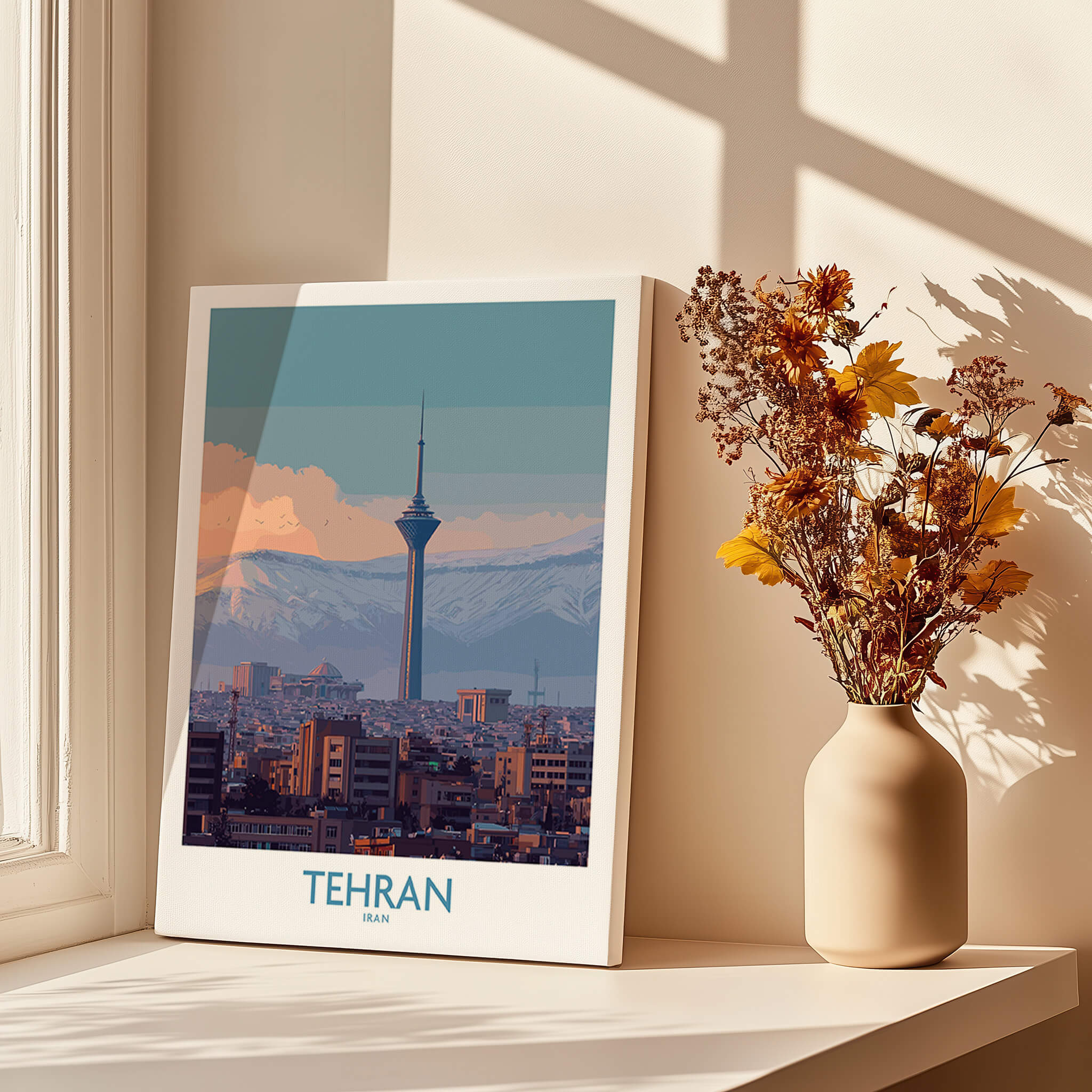 Tehran Iran Canvas Print | Evening City Landscape Poster featuring city skyline and mountains.