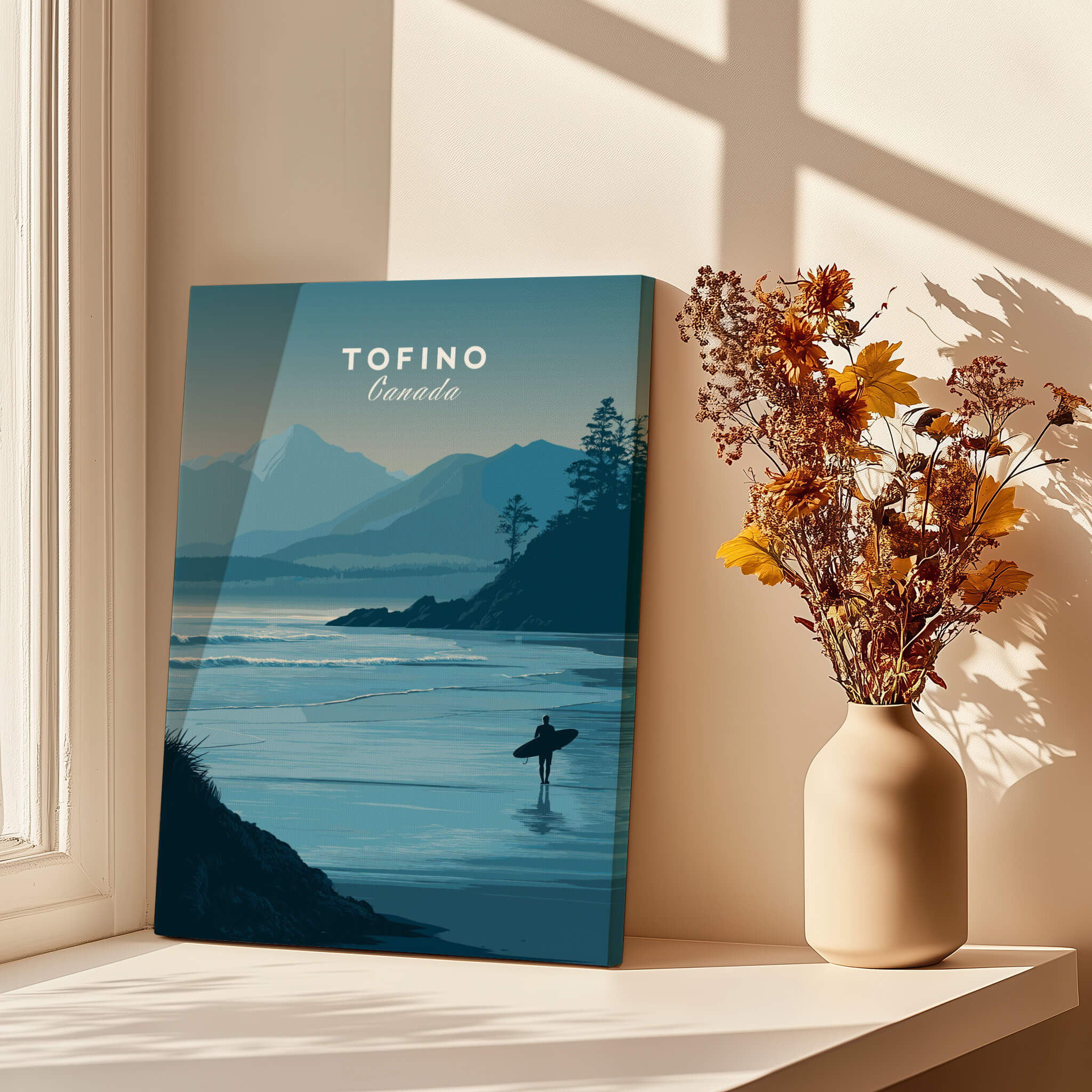 Tofino Canada Travel Poster | Pacific Coast Surfer Wall Art Print showcasing a surfer in serene coastal scenery.