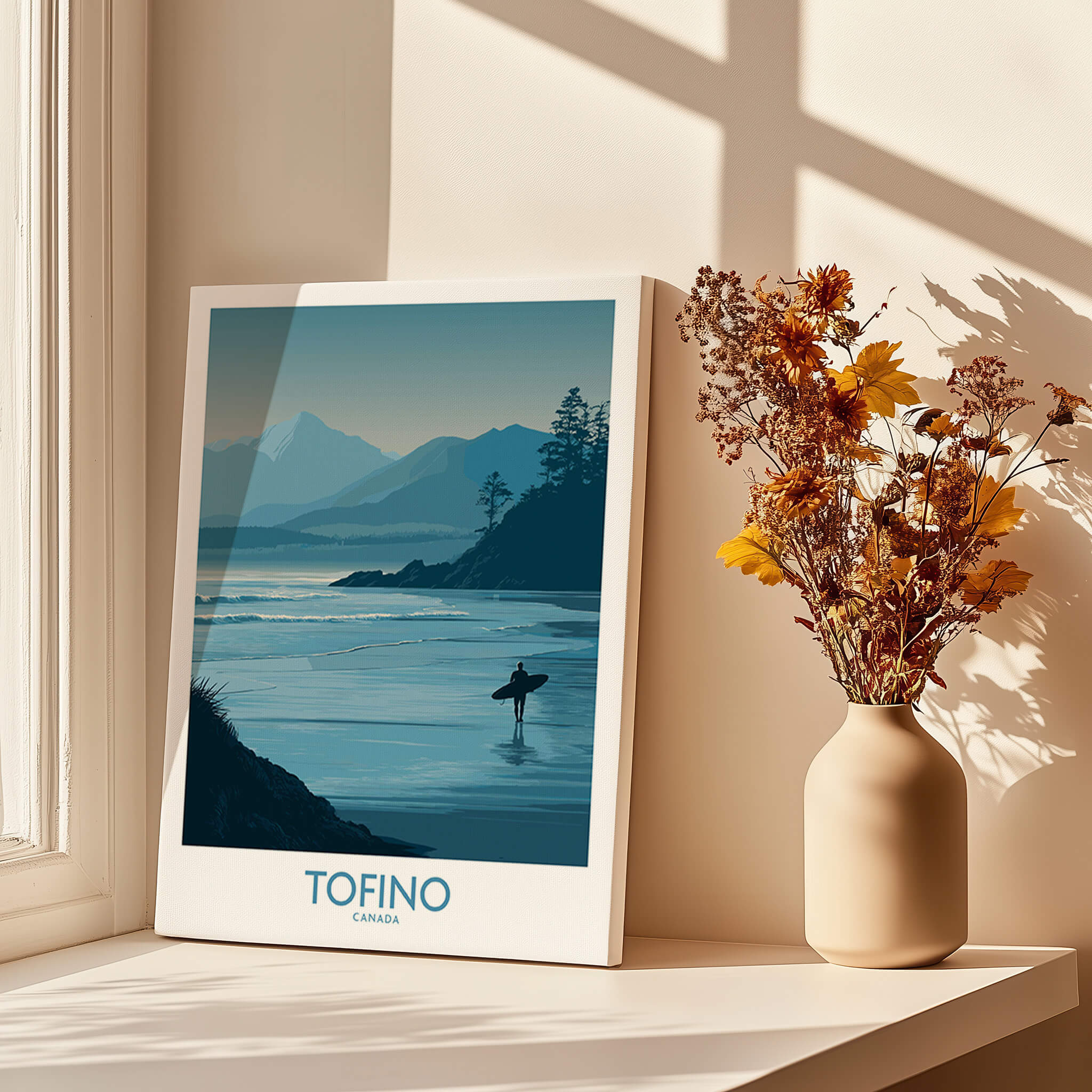 Tofino Canada Canvas Print | Misty Mountain & Shoreline Poster featuring a serene coastal landscape.