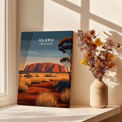 Uluru Australia Wall Art Print | Red Center Outback Travel Poster displayed in a sunlit room with flowers.