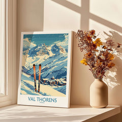 Val Thorens Print showcasing skiing in France with beautiful mountains and a cozy ski resort.