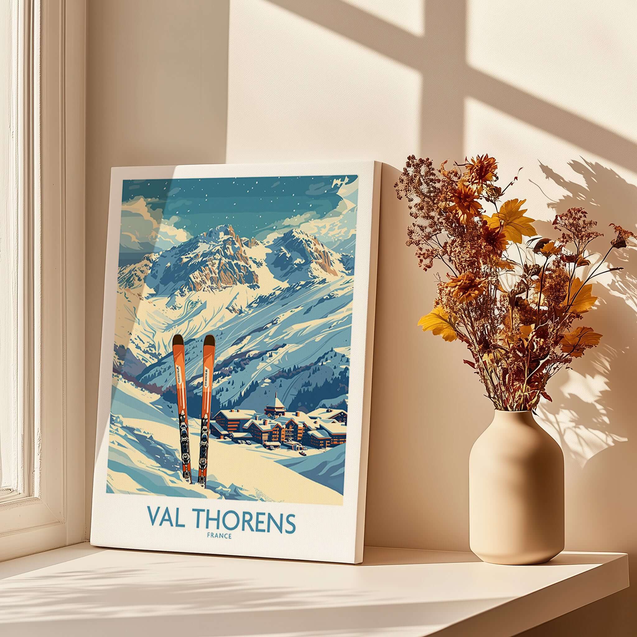 Val Thorens Print showcasing skiing in France with beautiful mountains and a cozy ski resort.