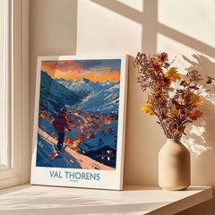 Val Thorens Ski Print featuring a beautiful skiing scene in the snowy mountains of France.