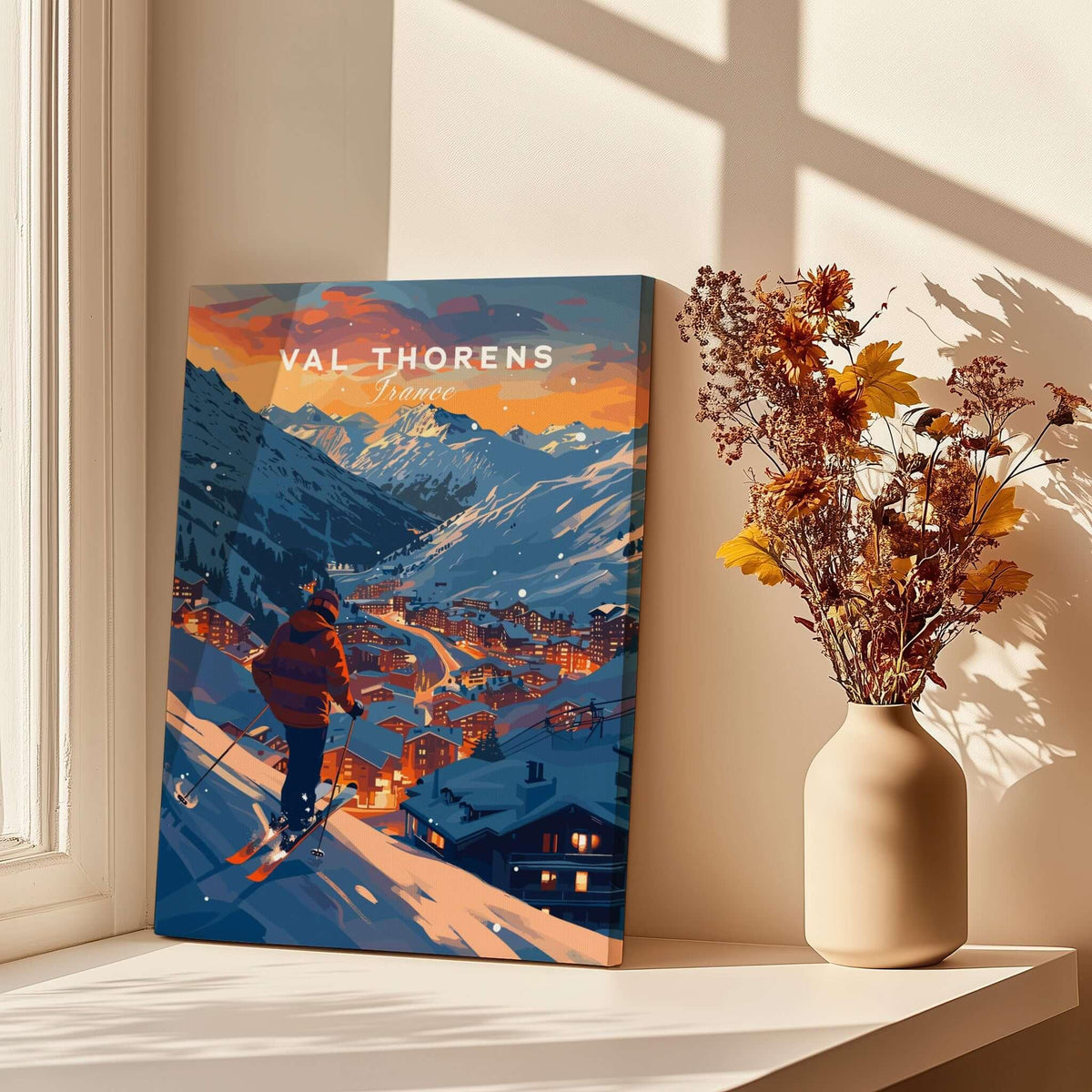 Val Thorens Ski Poster showcasing stunning French Alps with skier at sunset.
