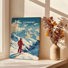 Val Thorens Poster showcasing a skier in front of iconic French peaks, perfect for winter sports enthusiasts.