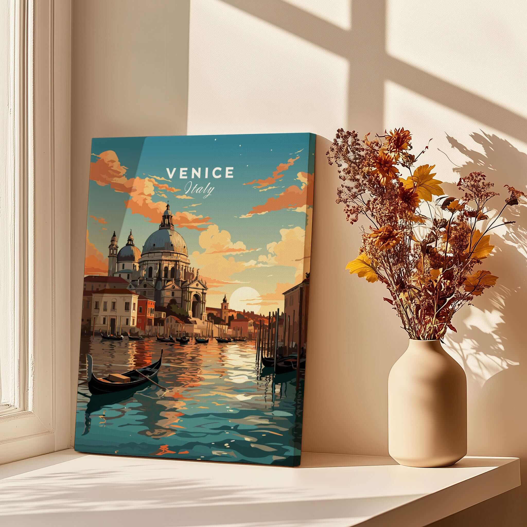 Venice Print showcasing serene canals and gondolas at sunset, perfect for home decor or gifts.