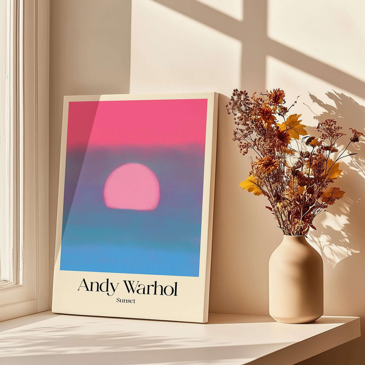 Andy Warhol Sunset Pink Blue Pop Art Poster Abstract Screenprint Wall Art Print displayed near flowers by a window
