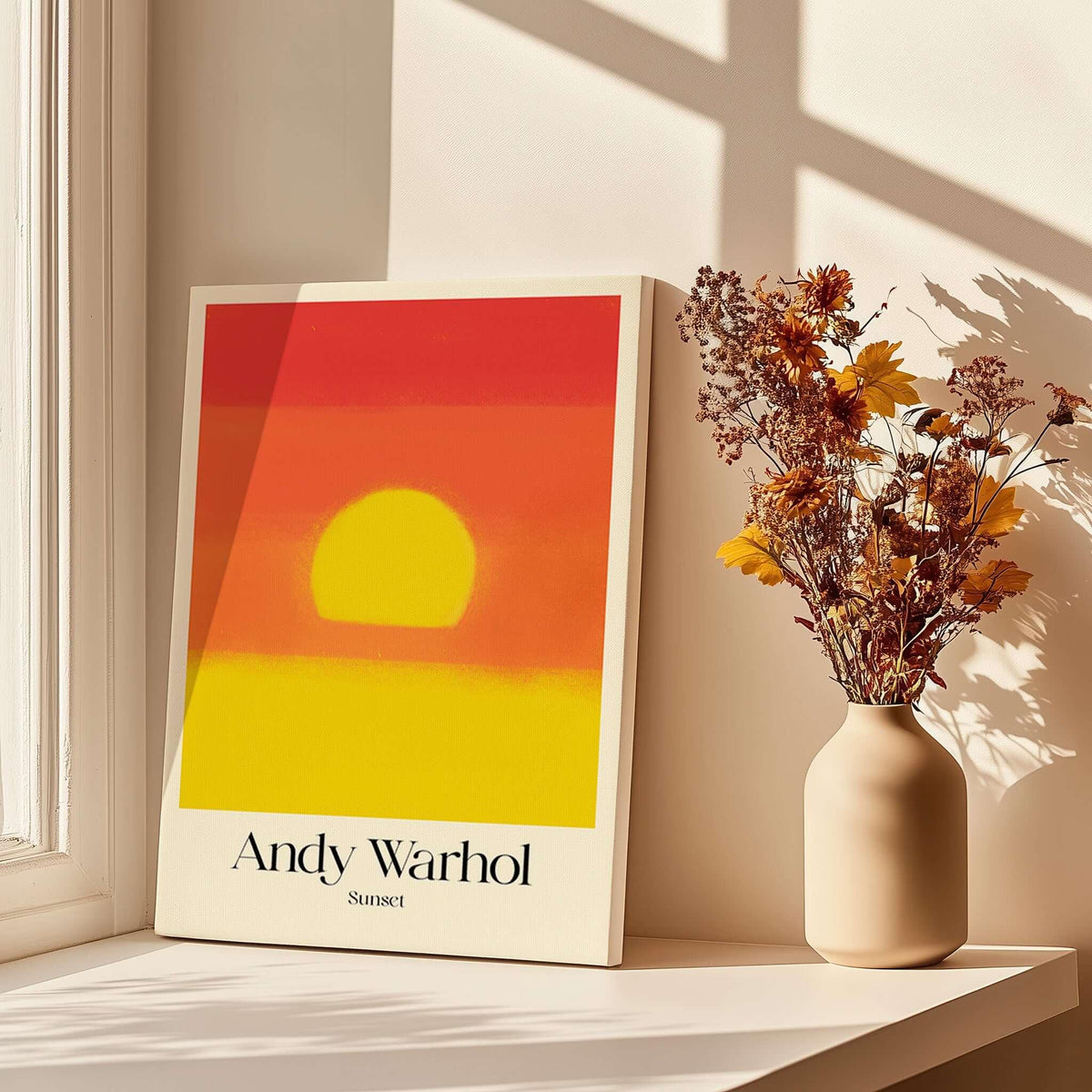 Andy Warhol Sunset Red Yellow Pop Art Abstract Print Modern Landscape Poster on display with a vase of flowers.