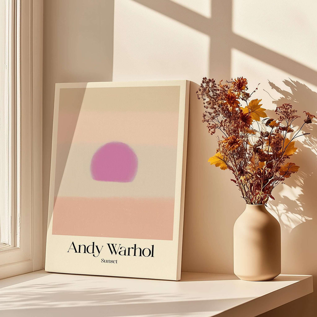 Andy Warhol Sunset Pastel Pink Purple Pop Art Print Subtle Abstract Poster Wall Art with flowers in vase