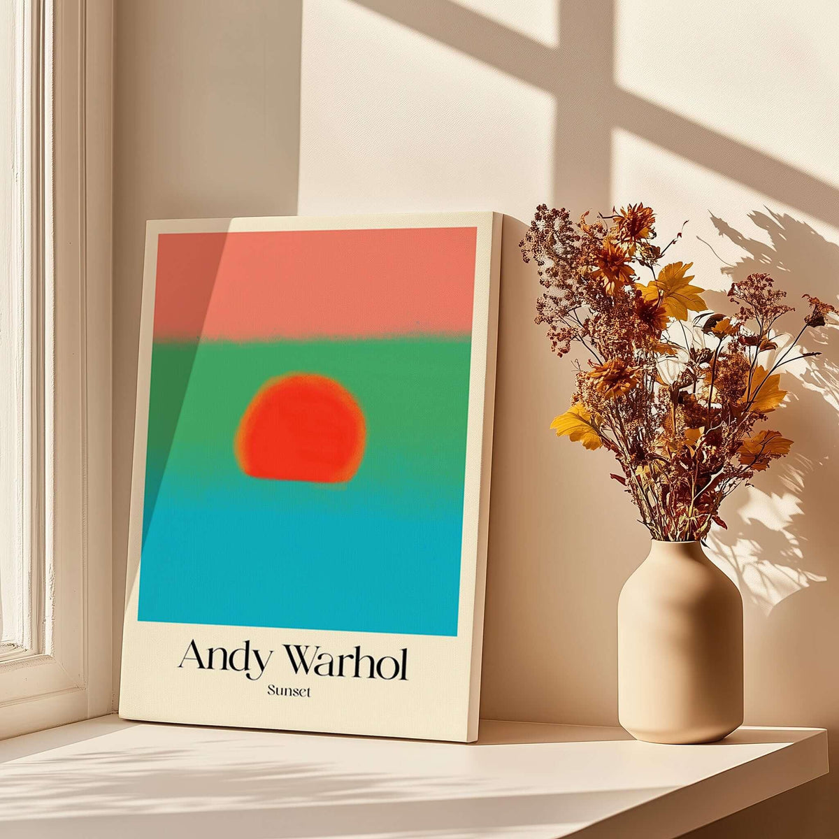 Andy Warhol Sunset Coral Green Blue Pop Art Poster Abstract Wall Art Print Modern displayed beside flowers.
