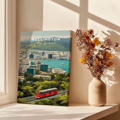 Wellington New Zealand Wall Art Print | Travel Poster featuring vibrant cityscape, red tram, and scenic harbor view.