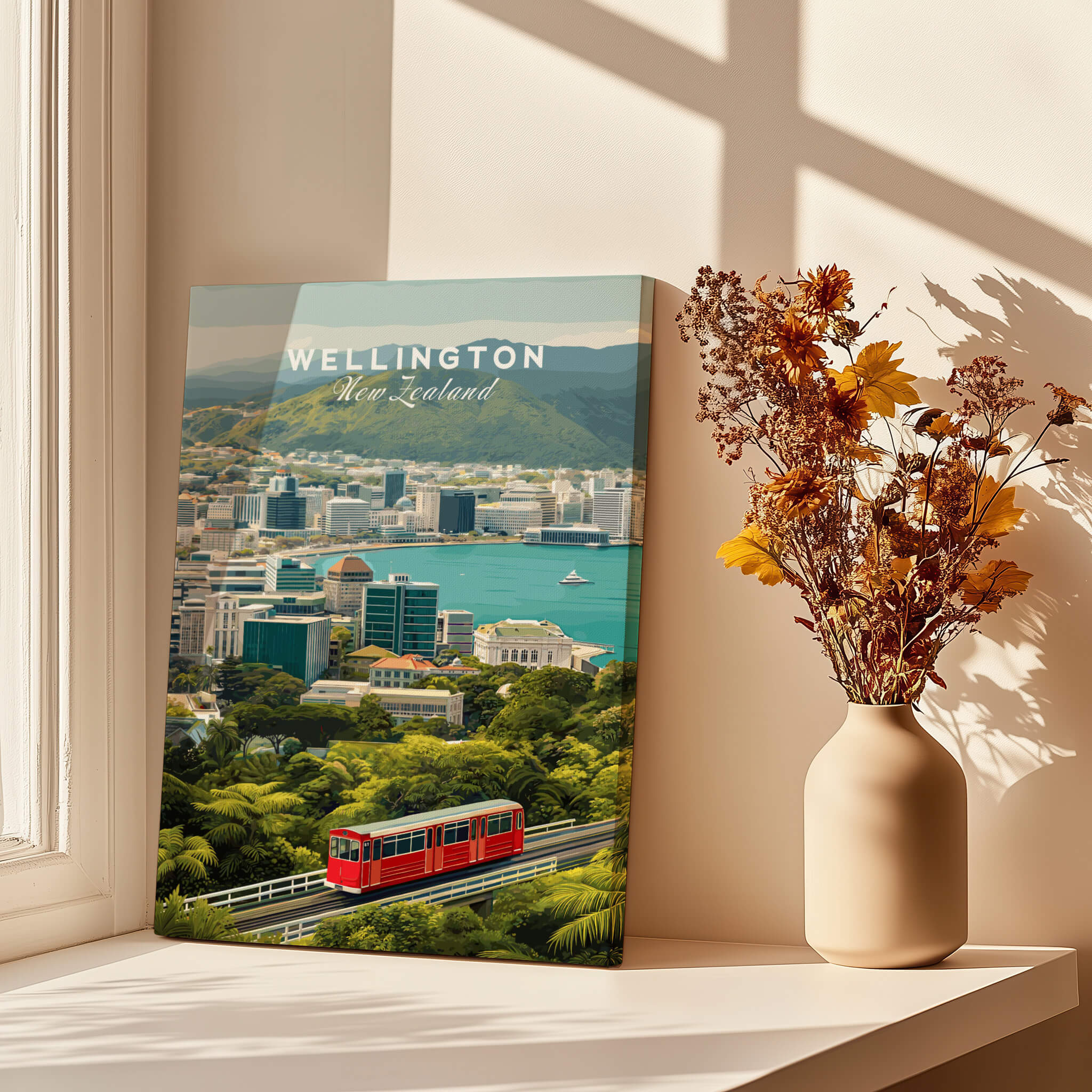 Wellington New Zealand Wall Art Print | Travel Poster featuring vibrant cityscape, red tram, and scenic harbor view.