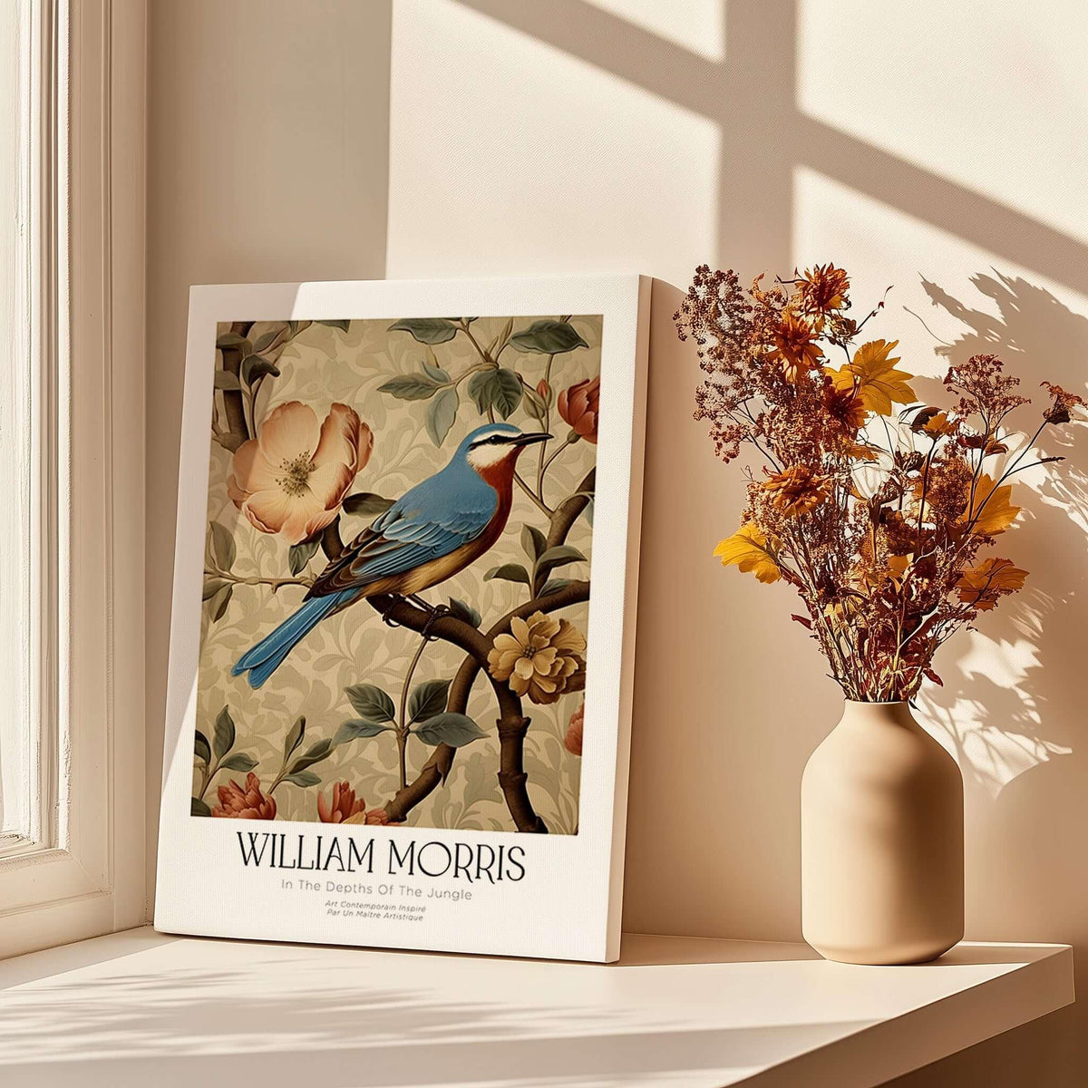 William Morris Prints - Blue Bird Floral Art Print - Botanical Poster displayed on a windowsill with flowers.