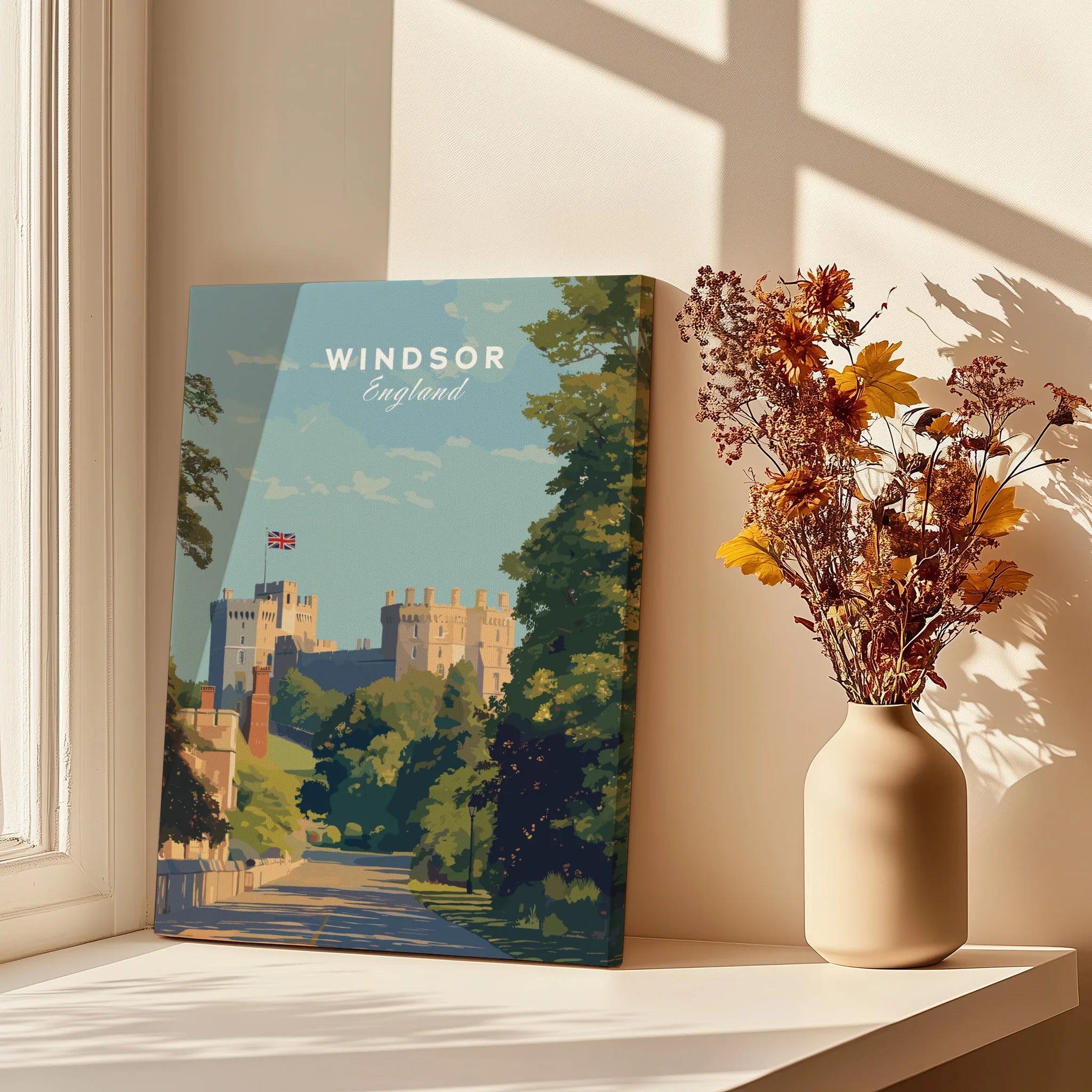 Windsor Castle travel poster canvas on windowsill with dried flowers in vase, sunlight and shadows