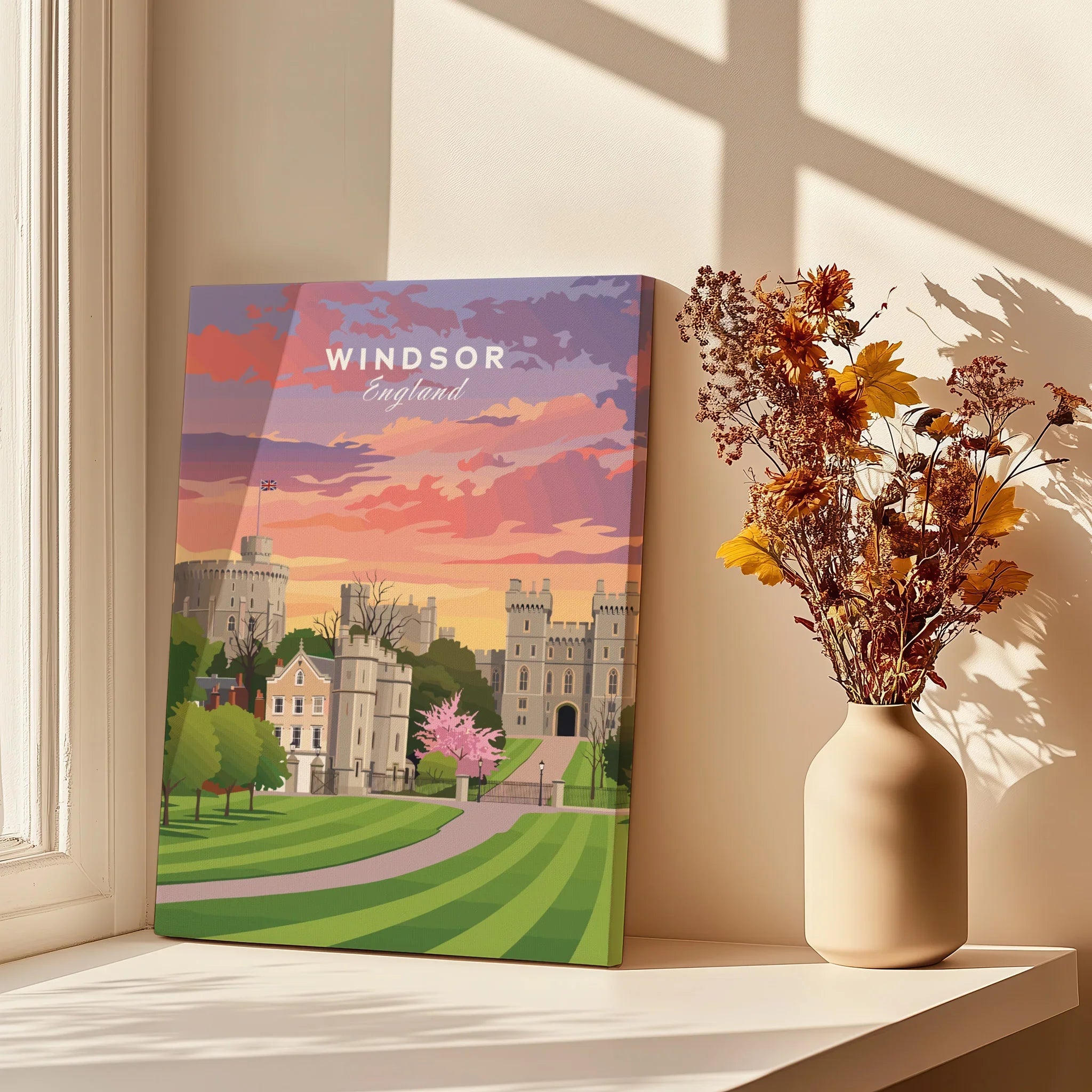 Windsor England travel poster canvas print on windowsill with dried flower vase, sunlight shadows