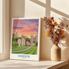 Windsor England travel poster print on window sill with vase of dried flowers in sunlight