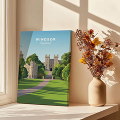 Windsor England travel poster canvas on windowsill with vase of dried flowers, sunlit decor