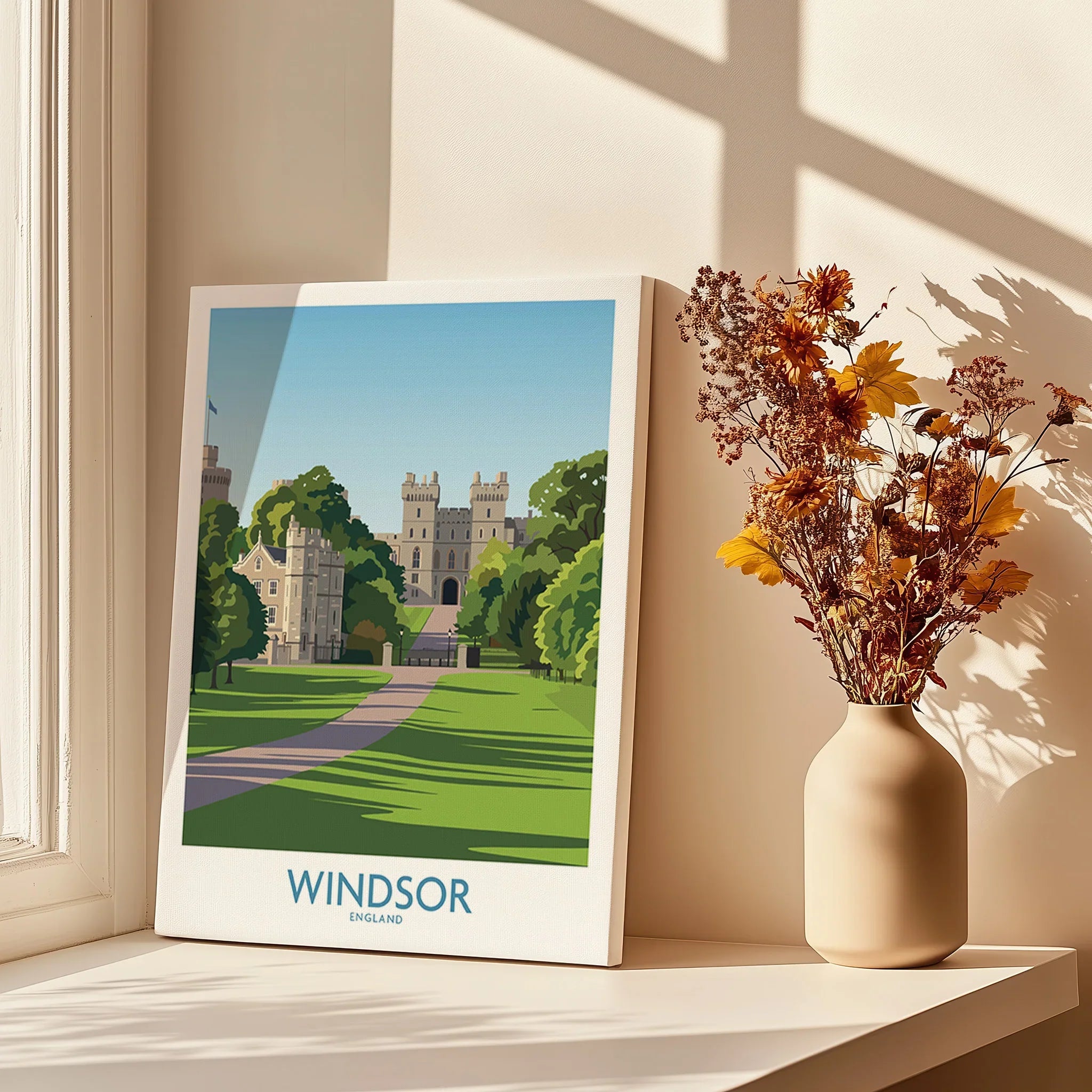 Windsor England travel poster canvas print on windowsill with dried flowers in vase