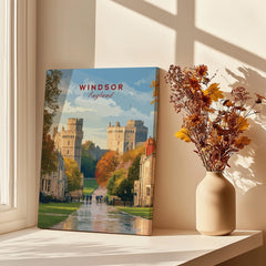 Windsor England travel poster canvas print on windowsill with vase of dried flowers