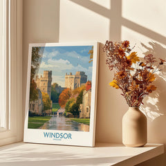Windsor England travel poster canvas print on window sill with vase of autumn flowers