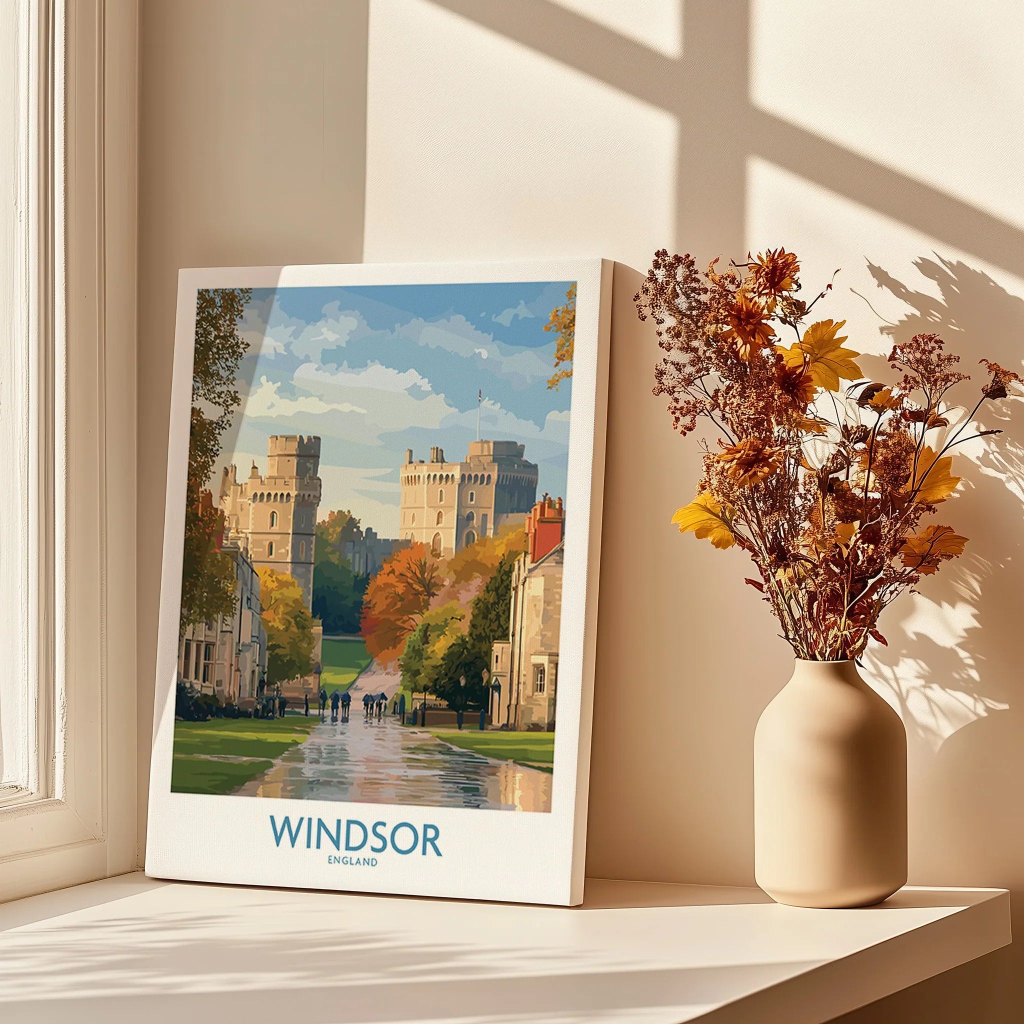 Windsor England travel poster canvas print on window sill with vase of autumn flowers