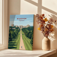 Windsor England travel poster canvas print on windowsill with vase of dried flowers